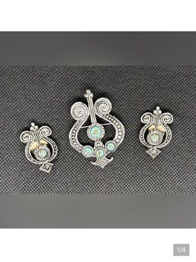Vintage Silver Tone Turquoise Inlay Brooch & Clip-On Earring Set